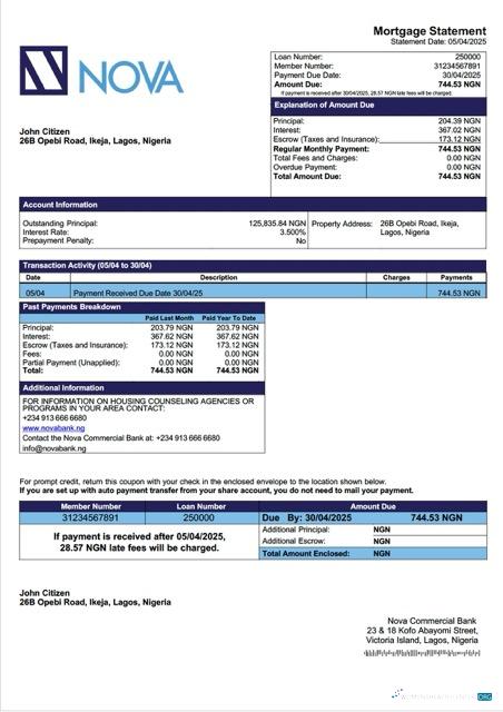 Download Nigeria Nova Commercial Bank mortgage statement Word and PDF template Photoshop template